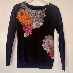 Black Desigual Sweater with Colorful Floral Embroidery